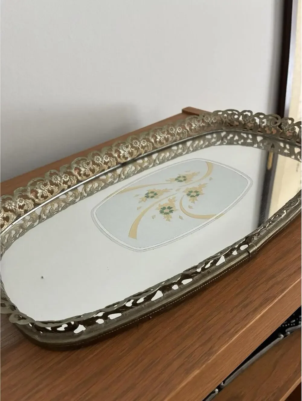 Vintage Vanity/Dresser Mirror/Tray Gold Tone Ormolu Roses Rectangle/Oval